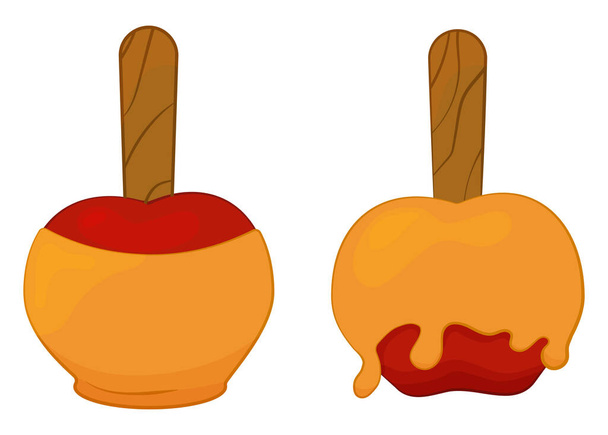 Two caramelized red apple fruit isolated on white. Cartoon outline vector illustration. - Vektor, Bild