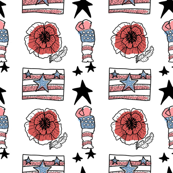 Veteran's Day seamless pattern. Holiday vector background with patriotic symbols, american flag, soldier, eagle, red poppies.  - Vector, imagen