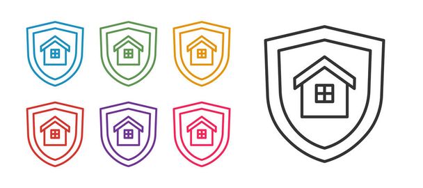 Impostare linea House con icona scudo isolato su sfondo bianco. Concetto assicurativo. Sicurezza, sicurezza, protezione, proteggere il concetto. Set icone colorate. Vettore - Vettoriali, immagini