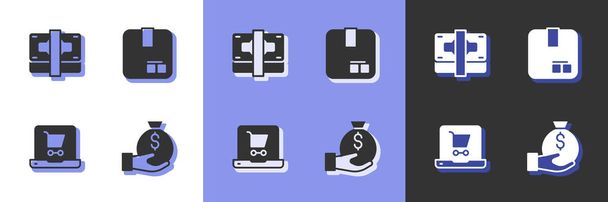 Set Geldbeutel, Stapeln Papiergeld Bargeld, Warenkorb Bildschirm Laptop und Karton-Karton-Symbol. Vektor - Vektor, Bild
