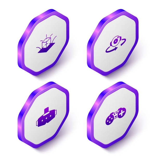 アイソメトリック3Dモデリング、 360度ビュー、バーチャルリアリティメガネ、ゲームパッドアイコンを設定します。紫色の六角形のボタン。ベクトル - ベクター画像