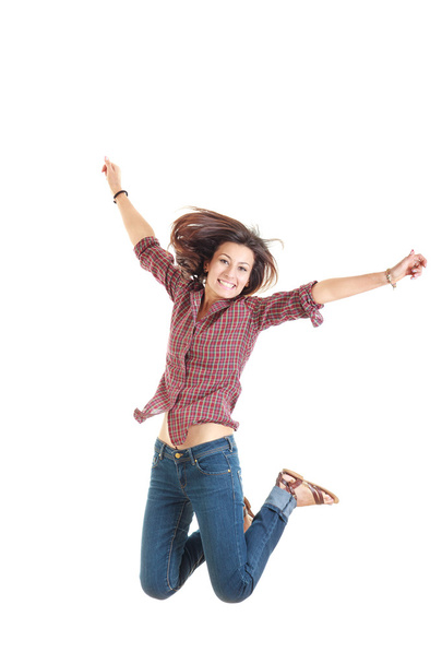 bright picture of happy jumping woman in red shirt - Photo, Image