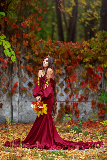 Young lady in a luxurious long burgundy dress with a crown on her head in a colorful autumn park - Photo, image