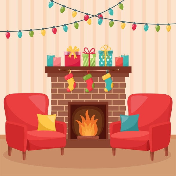 Cozy living interior with fireplace. Christmas decorated living room. Vector illustration - Vector, Image