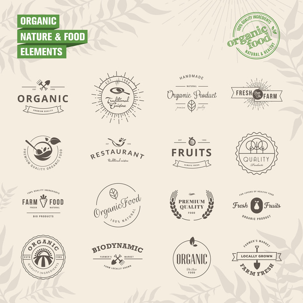 Conjunto de insignias y etiquetas elementos para la naturaleza orgánica y los alimentos
 - Vector, Imagen