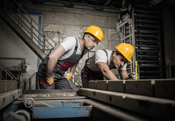 Trabajador y capataz en sombreros de seguridad que realizan un control de calidad en una fábrica
   - Foto, imagen