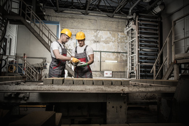 Worker and foreman in a safety hats performing quality check on a factory   - Photo, Image