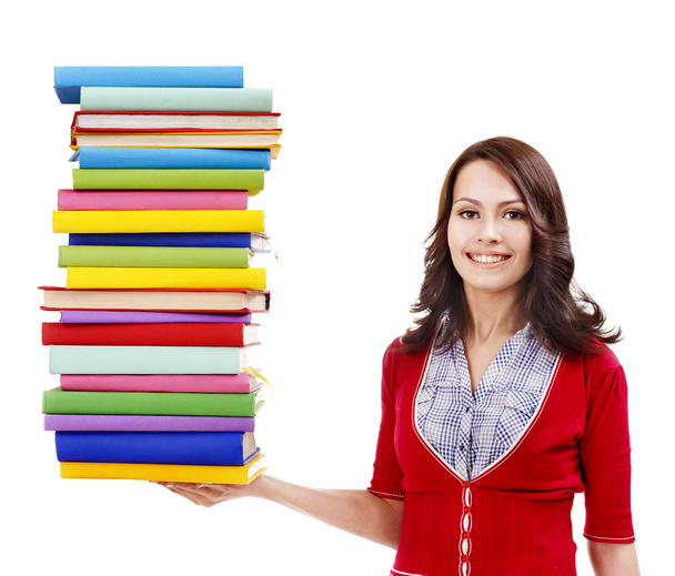Girl holding stack color book . - Foto, Imagen