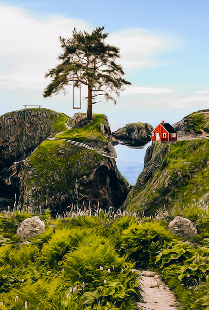 Landschap met een huis op een heuvel en een boom met een schommel. Olieverf imitatie. 3D illustratie. - Foto, afbeelding