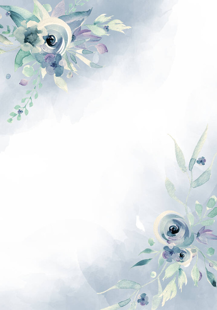 Feuilles bleu pâle et vert - bannière de design botanique. Cadre de bordure aquarelle pastel floral - Photo, image