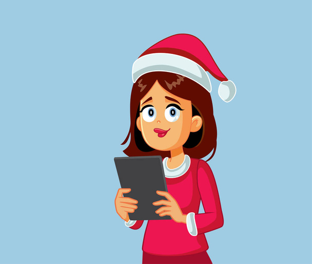 Christmas Woman Holding Tablet Computer Shopping Vector Cartoon - Vektor, kép