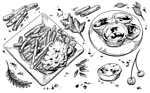 食品要素の黒と白の手のセットを描画. - ベクター画像