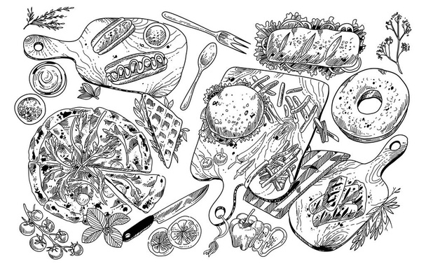 Black and white hand drawn illustrations of food - ベクター画像