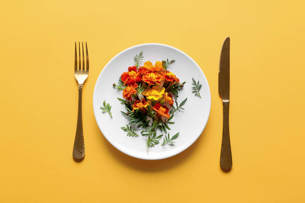 Composição criativa com prato, talheres e flores de calêndula florescendo no fundo de cor - Foto, Imagem