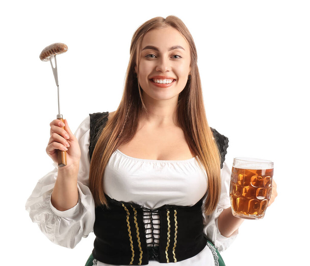 Beautiful Octoberfest waitress with pale beer and sausage on white background - Zdjęcie, obraz