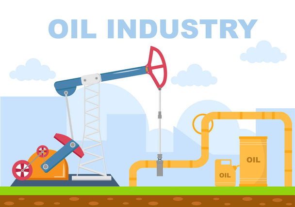 Petrol Sanayi Vektörü İllüstrasyonu. Crude Extraction, Rafineri Santrali, Sondaj, Benzin İstasyonu, Tank Kamyon Taşımacılığı ile Yakıt Borusu ve Teslimatı - Vektör, Görsel