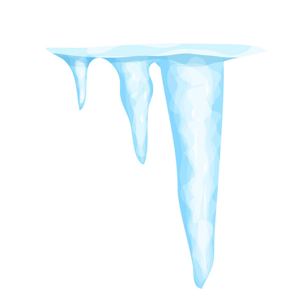Снежные сосульки с зимним убранством, замороженная вода в мультяшном стиле изолированы на белом фоне. Кристаллы льда, подвесный элемент. Текстурированная, блестящая. - Вектор,изображение
