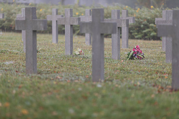 The flower bouquet in the graveyard. Lowyat cemetery, city of Limoges, France. - Fotoğraf, Görsel
