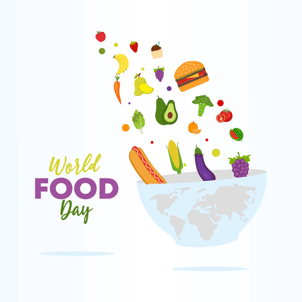 World food day illustration vector, decoration of meal, vegetables and fruits. Creative concept for healthy foods celebration banner. - Vetor, Imagem