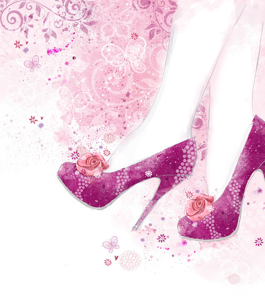 Fashionable Pink high heel women shoes on pink background with flowers. Fashion background.Shopping - Valokuva, kuva