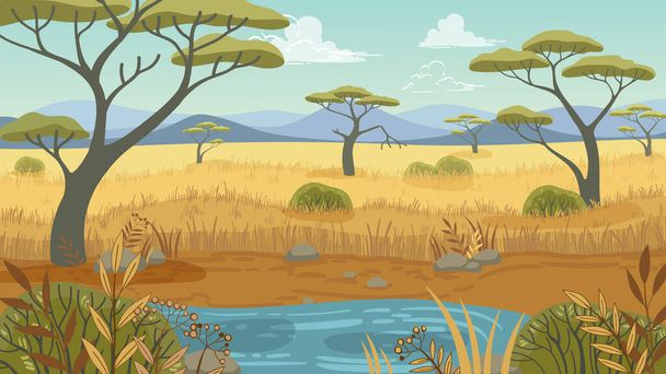 Vida silvestre. Paisaje africano vectorial en estilo plano de dibujos animados - Vector, Imagen