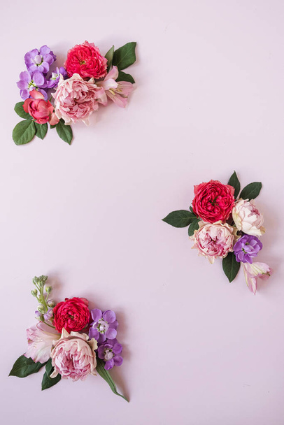 Astratto sfondo estetico floreale. Cornice floreale corona di fiori di rosa colorati su sfondo rosa con spazio vuoto copia mockup. Bellissimi fiori e petali modello - Foto, immagini