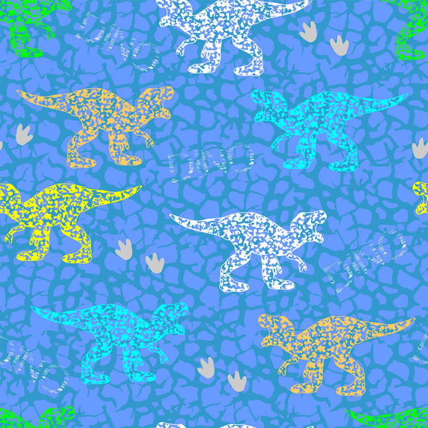 Seamless dino pattern. Grunge multicolored dinosaurs on blue background. - Vektor, Bild