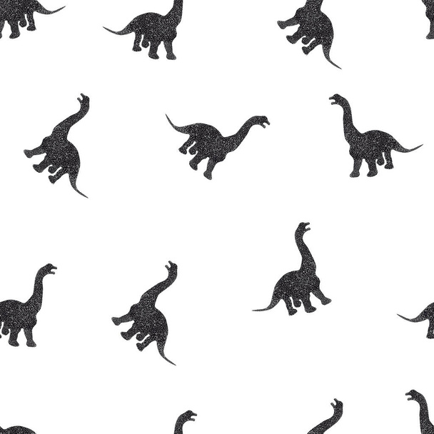 Schwarze Dinosaurier mit Grunge-Textur auf weißem Hintergrund. Abstraktes nahtloses Muster - Vektor, Bild