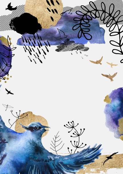 Шаблон акварели для текста, рамка с раскрашенными элементами: голубая сойка, птицы, облака, растения. Художественный плакат в формате a3. - Фото, изображение