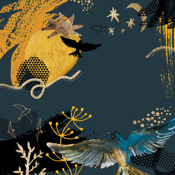 Vorgefertigte Komposition für Design, für Text mit handgezeichneten Aquarellelementen, grafischen und goldenen Elementen: Vögel, Pflanzen, Sterne. Quadratische Vorlage - Foto, Bild
