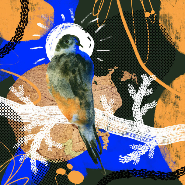 Voorbereide compositie voor ontwerp, voor tekst met handgetekende aquarelelementen, grafische en gouden elementen: vogels, planten, stippen en vlekken. Vierkante template - Foto, afbeelding