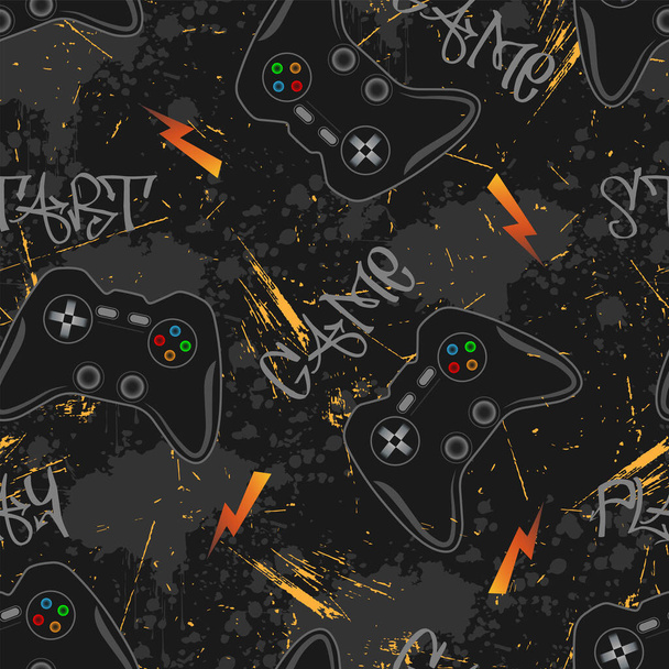 Cool print voor jongens met spel joysticks op grijs en oranje grunge. - Vector, afbeelding