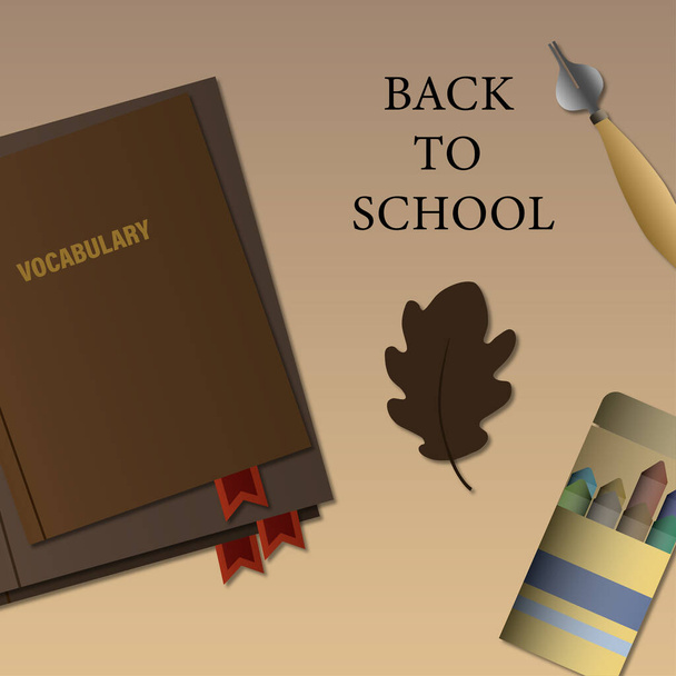 back to school vector with vocabulary book near ink pen and crayons on beige  - Vector, Image