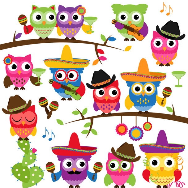 Cinco de Mayo Themed Collection of Owls and Branches - Вектор,изображение