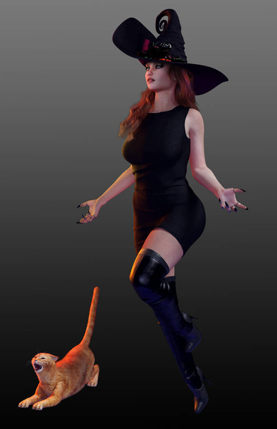 Sexy Halloween Witch in Short Dress and Witch Hat with Cat - Photo, Image