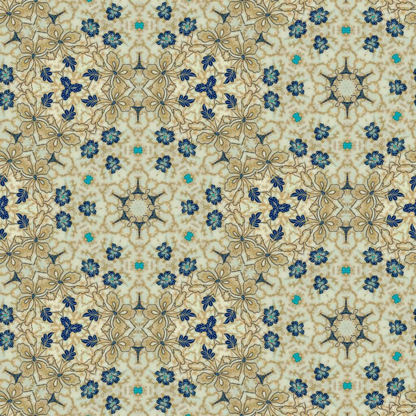 Padrão simétrico abstrato de batik indonésio na cor bege, padrão batik floral. Imagem com efeito de espelho, padrão abstrato de caleidoscópio. - Foto, Imagem
