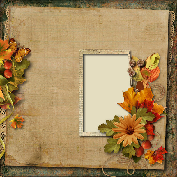 Vintage background with frame and autumn bouquet - Foto, afbeelding