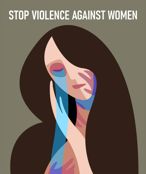 vektorový sociální plakát oběti domácího násilí. plačící žena se stopami bití, s černým okem a otlaky dlaní na obličeji a těle. zastavit násilí na ženách. pro tisk, webové bannery. - Vektor, obrázek
