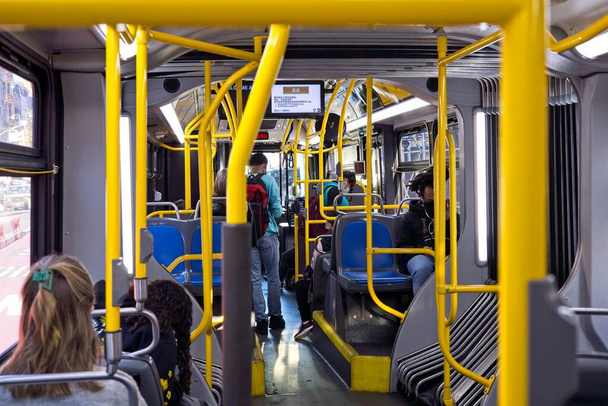 New York, NY, USA - Oct 23, 2021: Inside a New York City articulated bus - Photo, Image