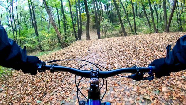 秋の自転車に乗るアマチュアライダー - 写真・画像