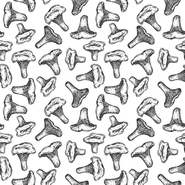 Seamless monochrome pattern with mushrooms isolated on white background. Template for branding fresh organic food, textile, ads. Vector illustration. - Vetor, Imagem