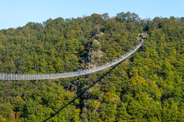 Μια κρεμαστή ξύλινη γέφυρα με ατσάλινα σχοινιά φαίνεται από την πλευρά κατά ένα μπλε ουρανό, ορατοί τουρίστες στη γέφυρα. - Φωτογραφία, εικόνα