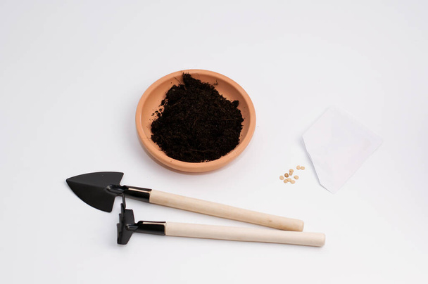 ground for planting seeds, a bag with scattered tomato seeds and a wooden rake and spatula on a white background - Foto, Bild