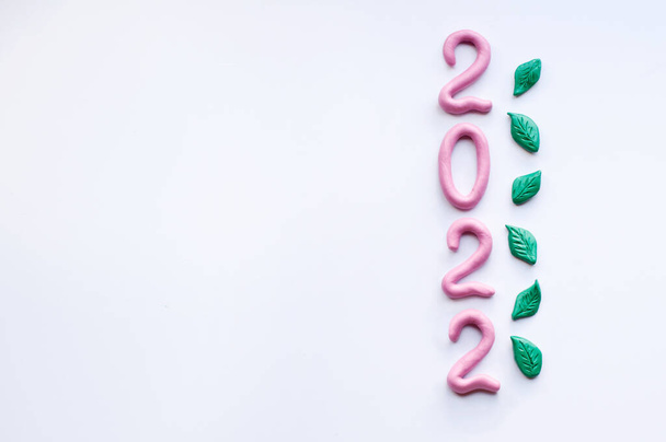 numbers 2022 made of pink plasticine, arranged vertically with space for text on a white background with green plasticine leaves - Foto, immagini