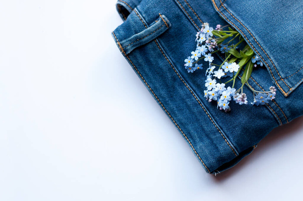 blue small flowers in the jeans pocket in the upper right corner on a white background with space for text - Fotografie, Obrázek