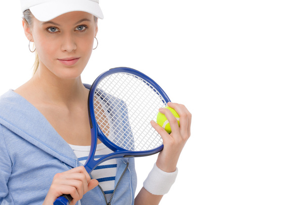 Tennis player - young woman holding racket - Foto, Imagen