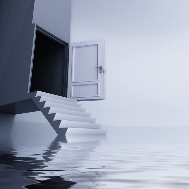 水のレベルと開いているドアの概念にエスケープ階段 - 写真・画像