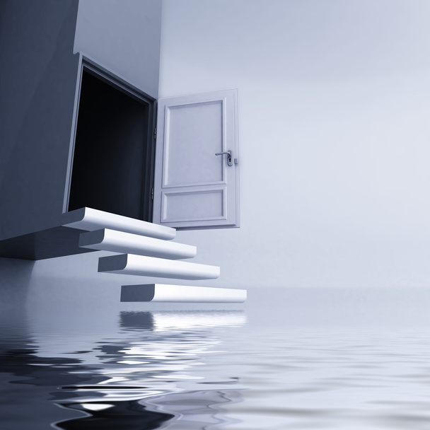 Lewitujący schody z otwartych drzwi o ucieczce wody koncepcja - Zdjęcie, obraz