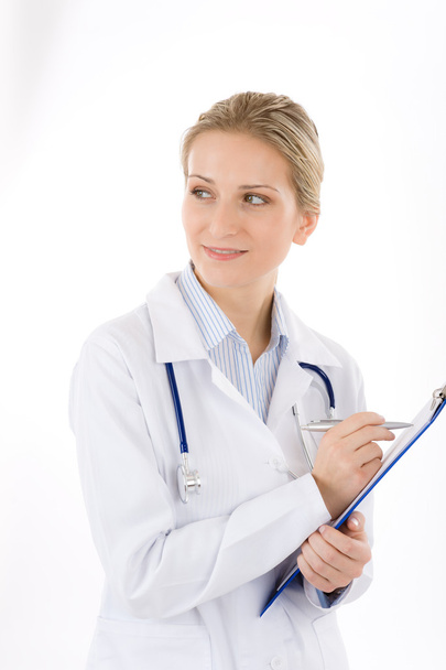 Young female doctor with stethoscope on white - Foto, Imagem