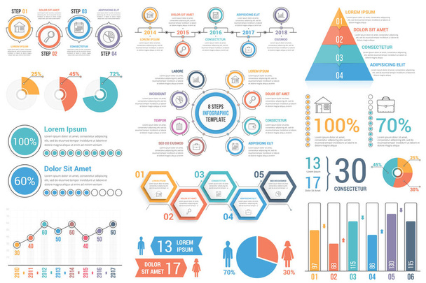 Infographic elements for business and presentations - percents, timeline, bar and line charts, pyramid, circle diagram, pie charts, vector eps10 illustration - Vector, Imagen